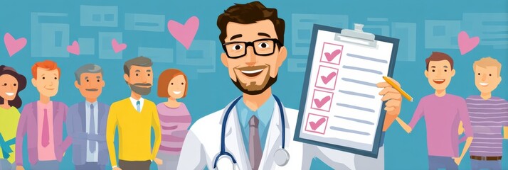Health Screening Checklist for Men With Doctor and Diverse Group of People Promoting Wellness and Awareness