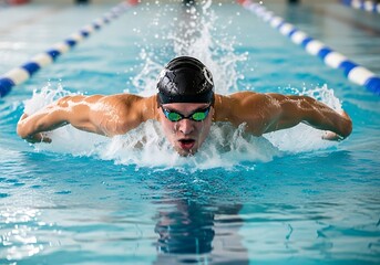 Powerful Male Swimmer With Goggles And A Cap Executes The Butterfly Stroke During A Race In A Swimming Pool, Competitive Swimming, Athletic Training, Sport