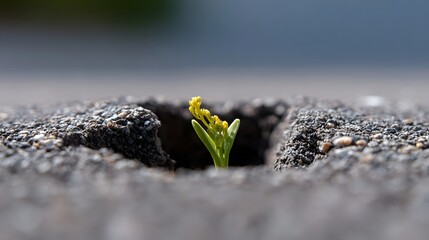 A tiny plant sprout emerging from the soil. long_title:A young, green plant shoot breaking through the soil and rocks, signifying new life and the