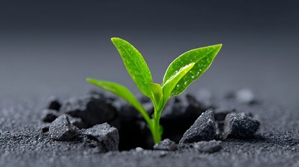 Tiny green plant sprout emerging from soil