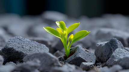 Delicate seedling growing through rocky soil