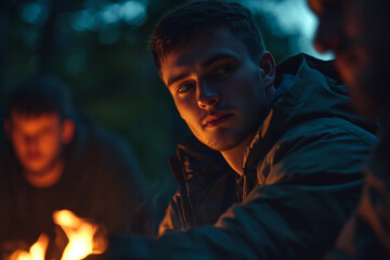 Fototapeta premium People friends family sitting by campfire in forest in peaceful outdoor wilderness scene, generative ai