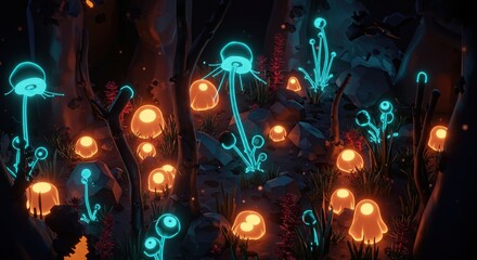Illuminated Fungi A Fantasy Forest Scene with Glowing Mushrooms in the Night, Evoking a Magical and Dreamlike Atmosphere