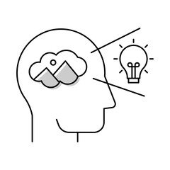 Imagination – Cloud and Lightbulb in Brain Representing Conceptual Thinking and Visionary Ideas. Vector Icon