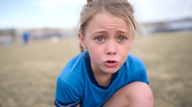 Girl determined to succeed in soccer training with bruised knees