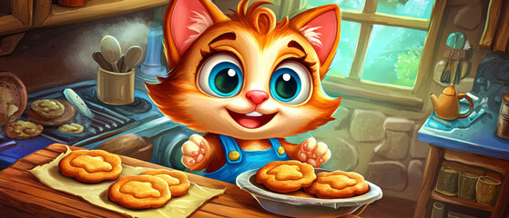 Happy kitten baker presents freshly baked cookies in rustic kitchen