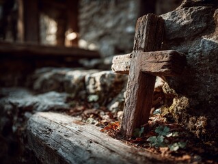 Rustic Wooden Cross Leaning Against Rough Stone Wall in Nature