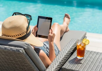 Woman In A Sun Hat Reads An E-Reader While Relaxing On A Lounger By The Pool With A Glass Of Iced Tea, Summer Vacation, Digital Reading, Leisure