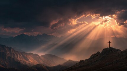 Majestic Christian Cross Silhouette on Mountain Peak at Sunset