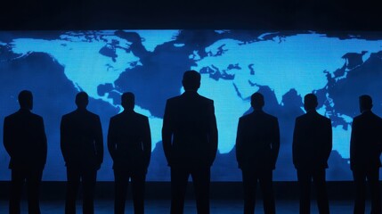 Silhouetted Businessmen Against a Digital World Map Displaying Global Connectivity and Cooperation
