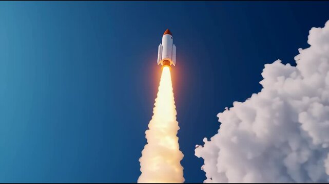 Space Shuttle Launch Powerful Display of Flames, Smoke, and Excitement in Clear Blue Sky, Capturing Essence of Space Exploration and Innovation Amidst Fluffy Clouds