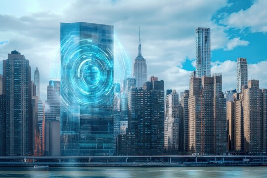 City skyline with a large building in the middle with a blue circle. New york city buildings cybersecurity hud hologram and lock circuit privacy. - Powered by Adobe