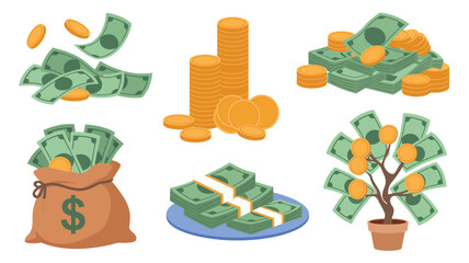 Fototapeta premium Cartoon Cash Icon Set Featuring Green Dollar Banknotes, Gold Coins, Money Bag, Wealth Tree, and Tray with Bills Perfect for Finance Graphics, Investment Themes, and Digital Art