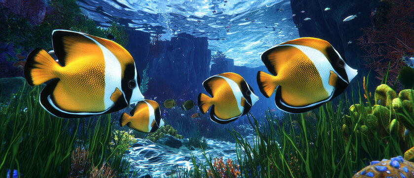 Golden fish swim in vibrant underwater scene, coral reef