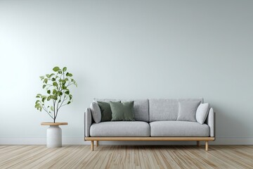 Naklejka premium Minimalist Living Room Interior with Gray Sofa Green Pillows and Plant Decor