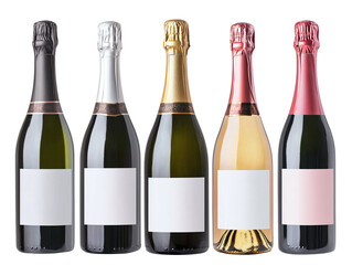 Set of different champagne bottles with white label mockup isolated on transparent background PNG