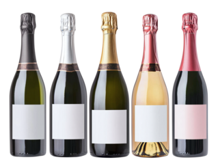 Set of different champagne bottles with white label mockup isolated on transparent background PNG