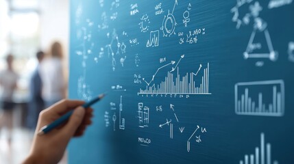 B2B Moment Concept. Scientific Illustration of Data Analysis and Statistical Graphs on Chalkboard Surface