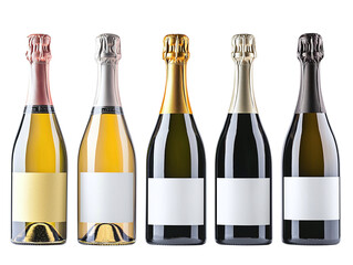 Set of different champagne bottles with white label mockup isolated on transparent background PNG