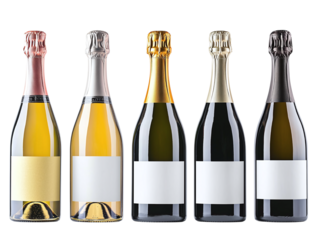Set of different champagne bottles with white label mockup isolated on transparent background PNG