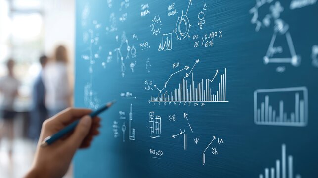 B2B Moment Concept. Scientific Illustration of Data Analysis and Statistical Graphs on Chalkboard Surface