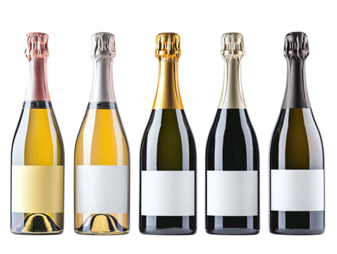 Set of different champagne bottles with white label mockup isolated on transparent background PNG