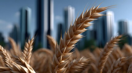 Wheat stalks against an urban skyline