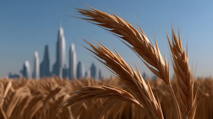 Golden wheat field sways gently under a clear blue sky.