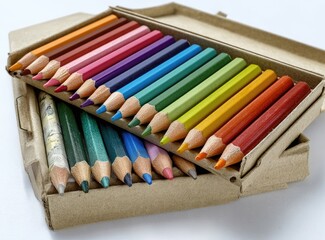 Fototapeta premium A cardboard box overflowing with vibrant colored pencils, some neatly arranged inside, others spilling out, showcasing a variety of sharpened points and hues against a plain white background