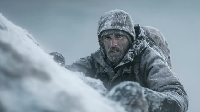 Mountain climber gripping frozen rocks in harsh winds