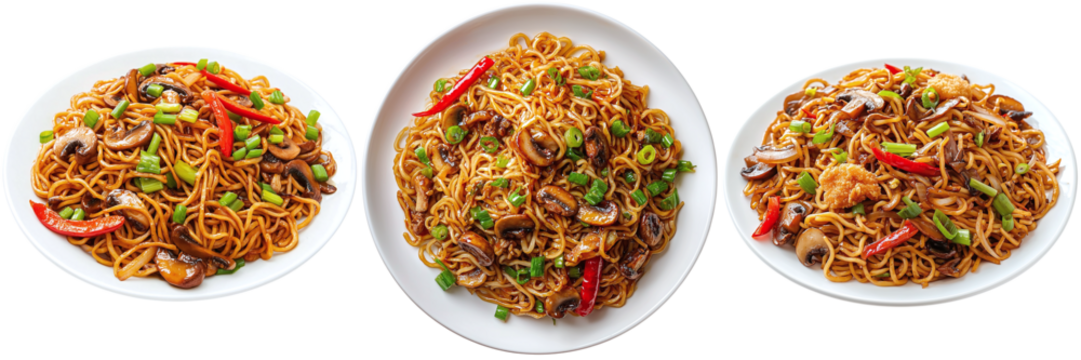 Set of delicious traditional Asian noodles with vegetables and mushrooms isolated on transparent background PNG
