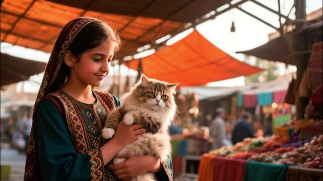 Persian Cat with Girl in Traditional Market