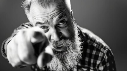 A rugged man with a beard and mustache, looking intense as he points his finger.