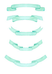 Watercolor hand painted set of banner ribbons in soft green for wreaths, bouquets and frames. Perfect for wedding invitations, greeting cards, packaging, labels and romantic designs.