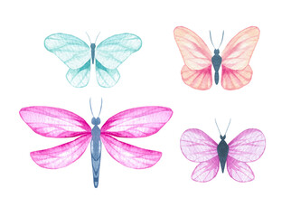 Watercolor hand drawn set of butterflies and dragonflies. Perfect for wedding invitations, greeting cards, packaging, labels and designs.