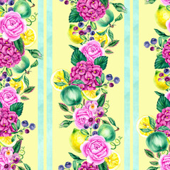 Seamless watercolor pattern with roses, hydrangeas, apples, lemons and blueberries surrounded by greenery. Warm atmosphere of country house coziness and vintage garden. Perfect for packaging, fabric, 