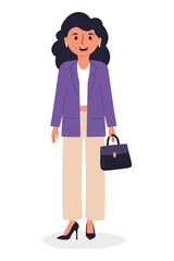 Young woman in a professional outfit smiling while holding a handbag in a minimalist style illustration.Businesswoman character in flat style isolated on white background.Vector illustration.