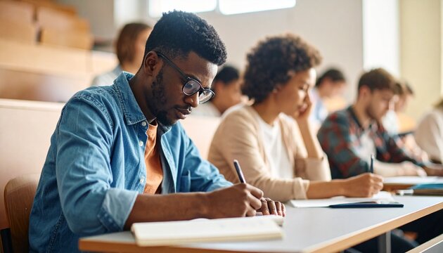 A young black student is taking notes on a notebook during a lesson.
