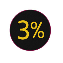 Yellow three percent symbol inside a dark circle with a purple outline isolated on transparent background