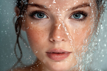 Woman's face behind a wet, textured surface
