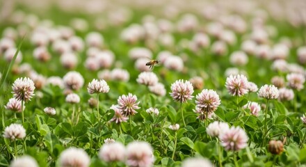 Obraz premium Honeybee in Flight over a Field of Pink Clover Blossoms in Spring