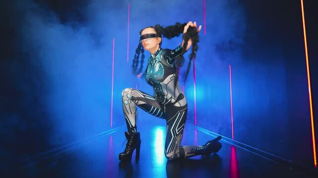 Fashion model posing Fantasy cyborg woman creative robot costume metal body, cyberpunk style braid hairstyle. Sexy alien girl immersed in virtual reality war warrior future vr. hands holds braid hair
