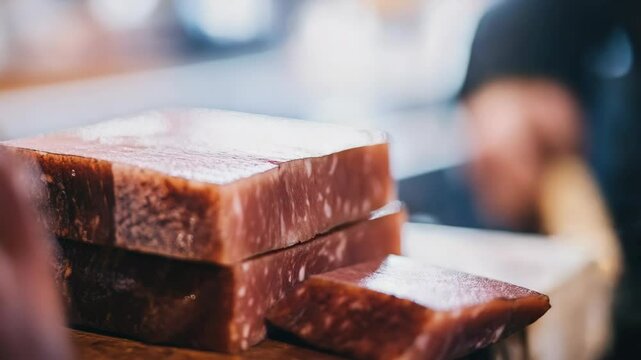 A person is cutting a stack of meat with a knife. The meat is cut into small pieces