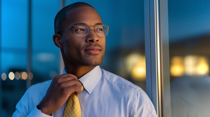 Confident man adjusting tie while looking out the window in a modern office environment