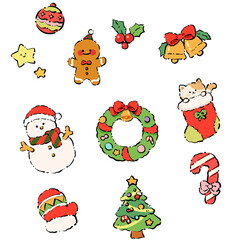 set of christmas elements,christmas, santa, snowman, cartoon, holiday, xmas, set, vector, tree, winter, gift, decoration, illustration, celebration, santa claus, icon, year, design, claus, new, cute, 