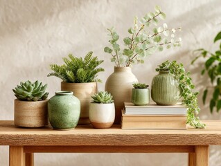 Serene arrangement of potted plants on wooden table