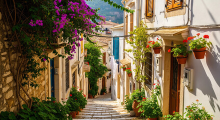 Fototapeta premium Charming Mediterranean Alley with Colorful Flowers and Whitewashed Houses