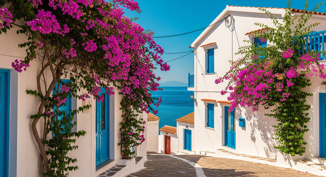 Charming Greek island alley with sea view and blooming bougainvillea

