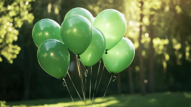 A bunch of green helium filled party balloons floating in the sky at a celebratory event.