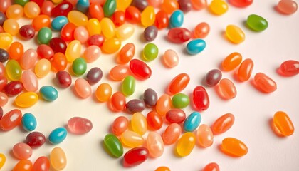 Vibrant multicolored jelly beans scattered on a matching pastel background,  bright,  food photography
